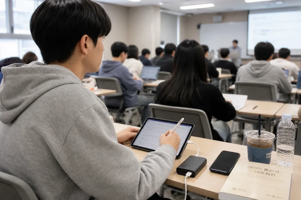 대학생이 강의실에서 보조배터리가 연결된 태블릿으로 스타일러스 펜을 사용해 디지털 필기를 하며 강의를 집중해서 듣고 있다.