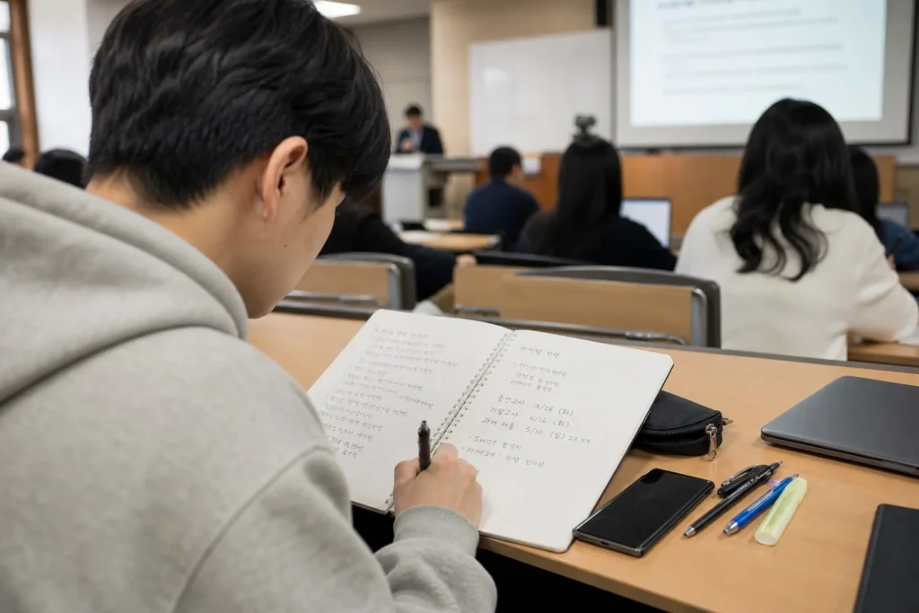 대학생이 강의실에서 펜으로 노트에 강의 내용을 집중해서 필기하고 있다.