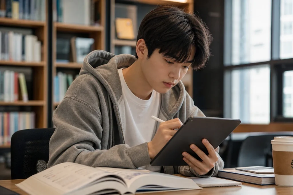 대학생이 태블릿과 스타일러스 펜으로 PDF 강의자료에 디지털 필기를 하고 있다.