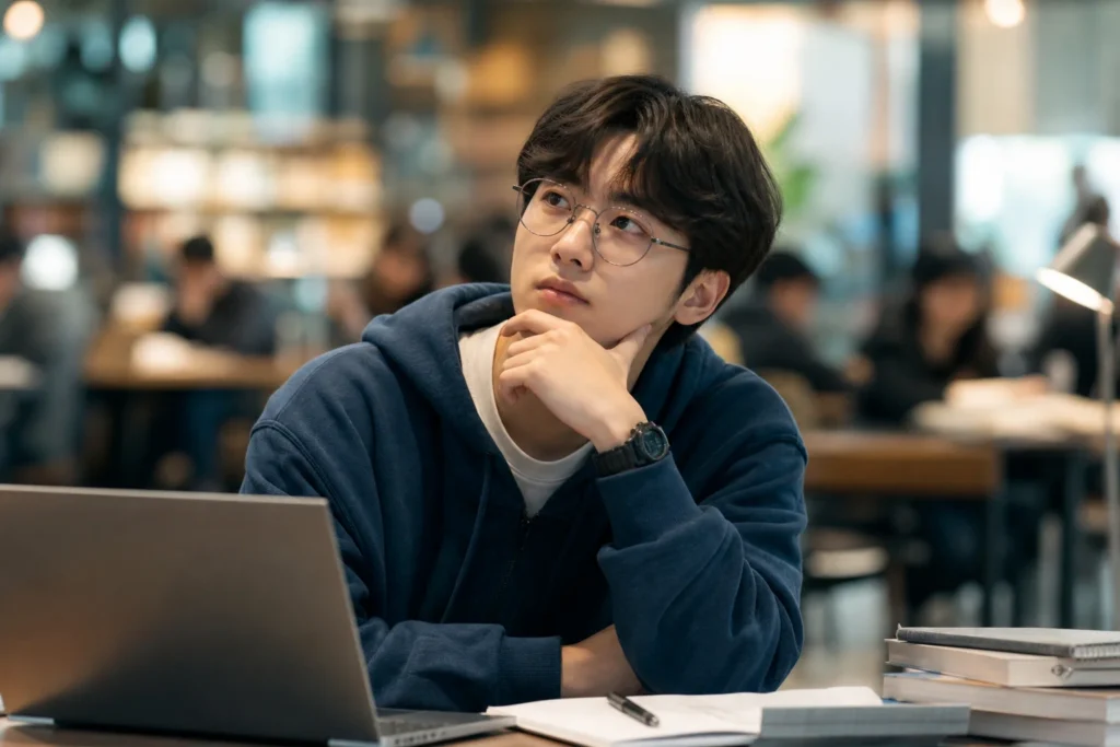 한 학생이 고개를 가우뚱 기울이고 한 손으로 턱을 만지며 어떤 자격증을 딸지 진지하게 고민하고 있다.