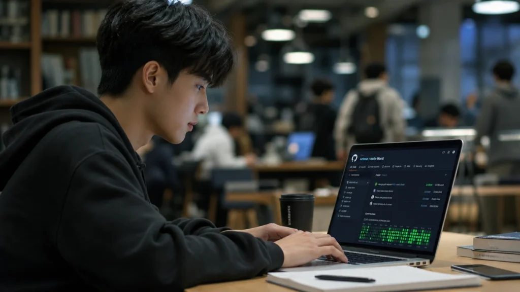 캠퍼스 스터디 공간에서 한 학생이 노트북 앞에 앉아 GitHub 인터페이스를 능숙하게 사용하고 있는 측면 모습. 화면에는 GitHub 로고와 코드 리포지토리가 보이며, 배경에는 다른 학생들이 오가는 모습이 깊게 블러 처리되어 있다.