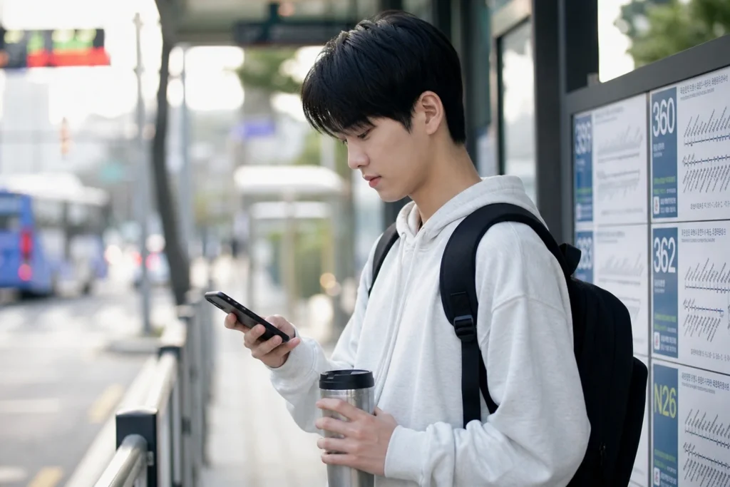 대학생이 아침 버스 정류장에서 가방을 메고 한 손에 스마트폰, 다른 손에 텀블러를 들고 서서 버스 도착 시간을 확인하고 있다. 약간 피곤하지만 차분한 통학 표정.