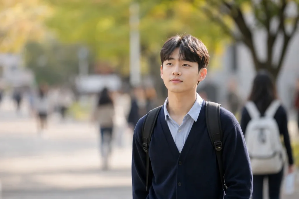 한국 대학생이 네이비 또는 베이지 가디건을 입고 백팩이나 숄더백을 메고 캠퍼스를 가로질러 강의실을 향해 평온하게 걸어가는 자연스러운 순간. 편안하고 자신감 있는 표정과 바른 자세로 걸으며, 배경은 현대적인 대학 캠퍼스(건물, 나무, 산책로, 다른 학생들의 흐린 실루엣)가 따뜻한 가을 또는 봄 톤으로 완전히 블러 처리되어 있다. 밝은 자연광 속에서 자신의 학업 경로에 만족하며 조용한 자신감으로 앞으로 나아가는 차분하고 목적 있는 분위기.