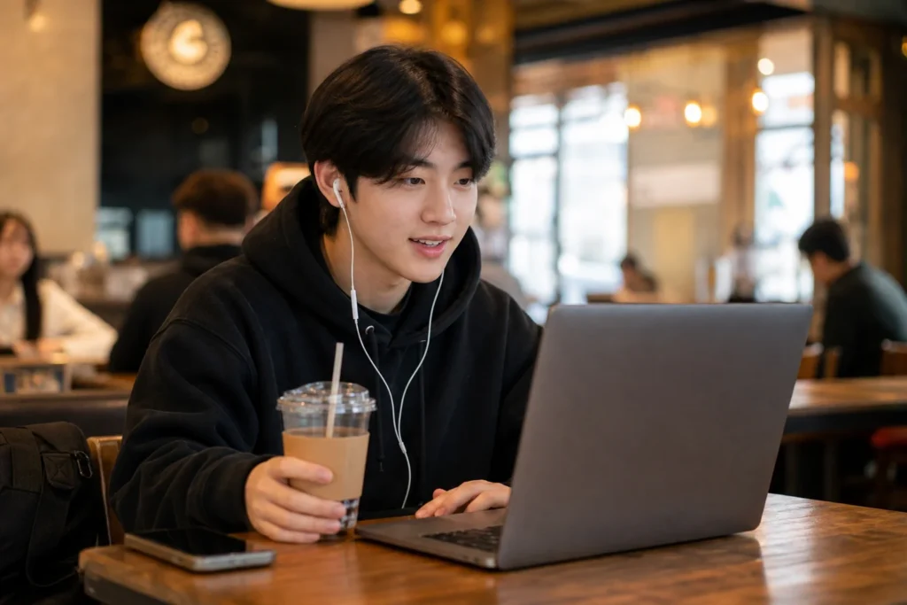 대학생이 카페 테이블에서 이어폰을 끼고 노트북으로 영화를 보며 편안하게 쉬고 있다. 노트북 화면은 학생 쪽을 향하고 있으며 테이블 위에 카페 음료가 놓여 있다.