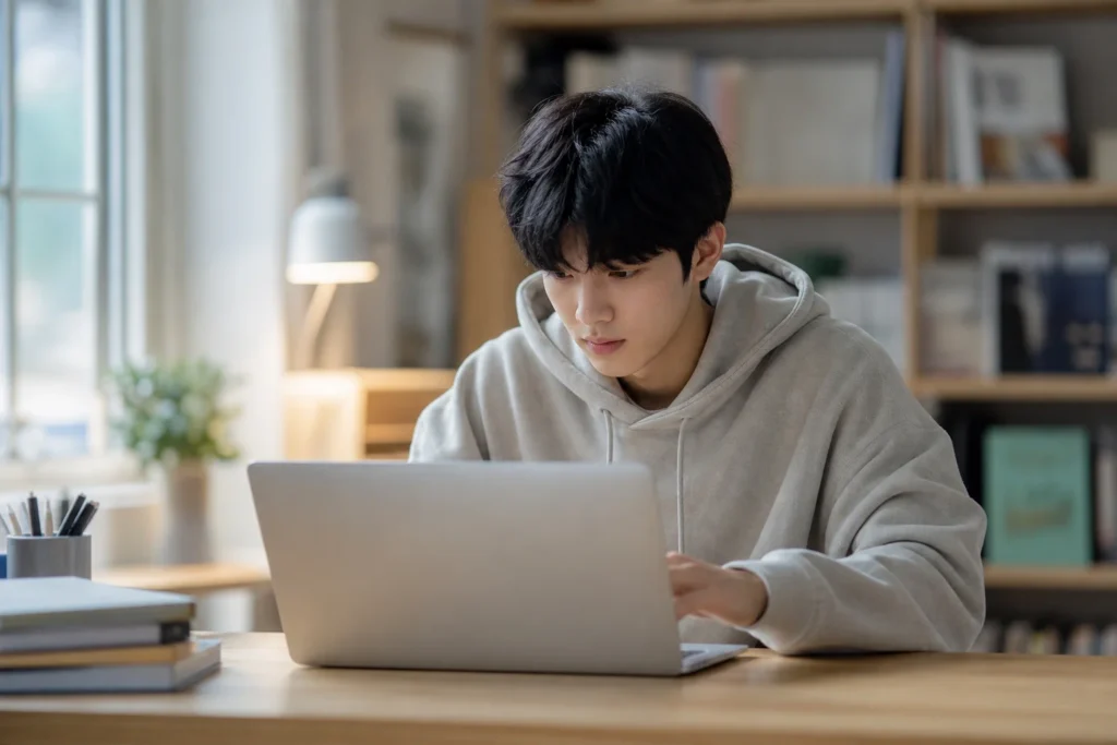 노트북으로 집중해서 MBTI 테스트를 하는 학생 진로 탐색과 자기 계발에 몰두하는 진지한 순간.