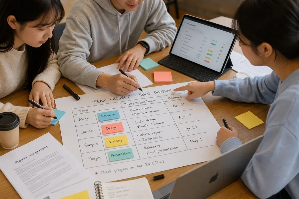 여러 대학생의 손이 테이블 위 팀 프로젝트 역할 분담 차트에 이름과 업무를 적고 포스트잇으로 역할을 배정하고 있다.
