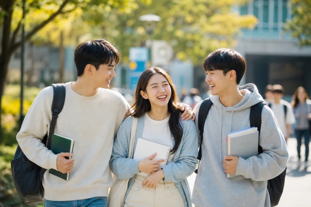 친구들과 함께 밝게 어울리며 대학 생활을 즐기는 학생들 함께 만들어가는 밝은 미래.