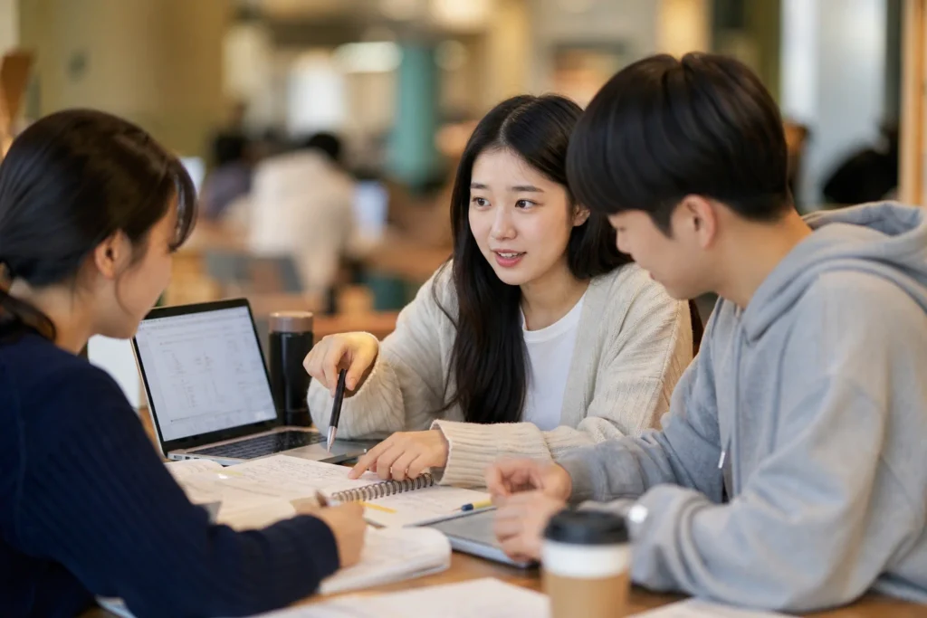 대학생 3명(남녀 혼합)이 테이블에 함께 앉아 그룹 스터디나 프로젝트 작업에 참여하며 팀워크와 적극적 학습을 보여주는 협력적인 사진.