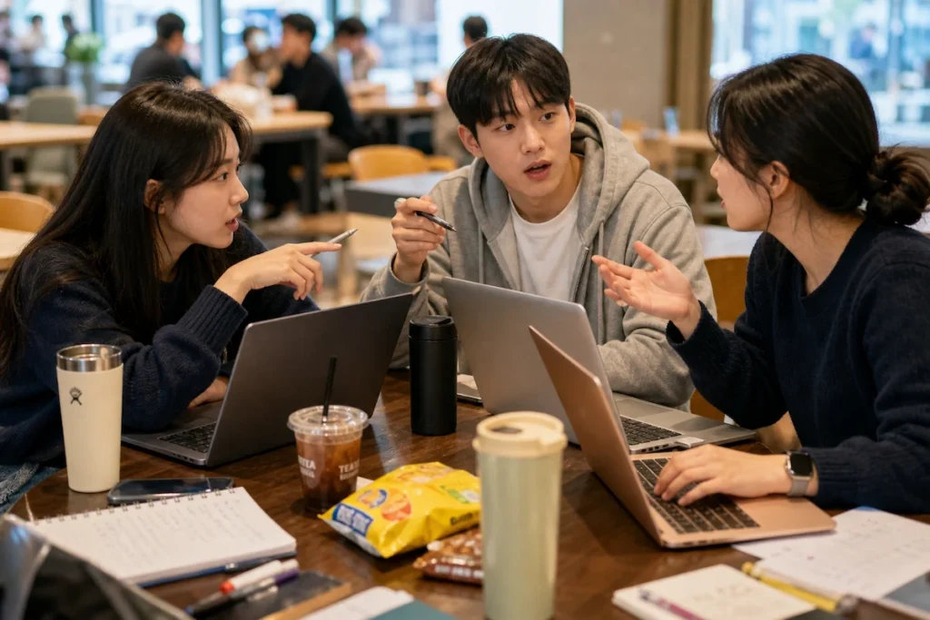 대학생 3명이 테이블에 모여 각자 노트북을 사용하며 급하게 프로젝트 기획안 회의를 하고, 텀블러, 음료, 간식이 자연스럽게 놓여 있다.