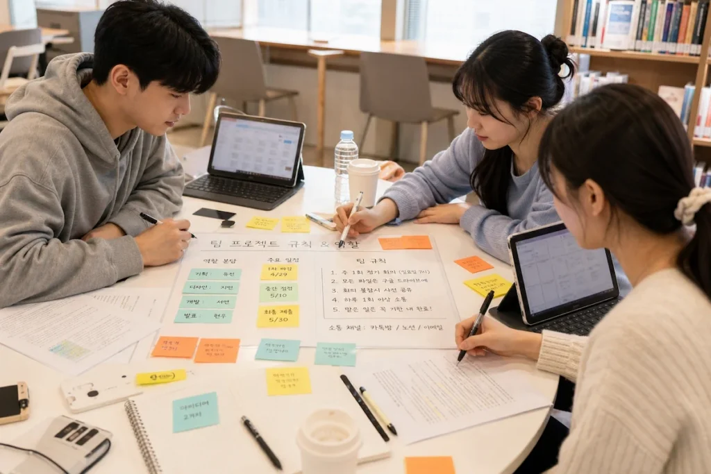여러 대학생이 팀 프로젝트 첫 회의에서 포스트잇과 노트를 활용해 역할, 일정, 규칙을 함께 정하고 있다.