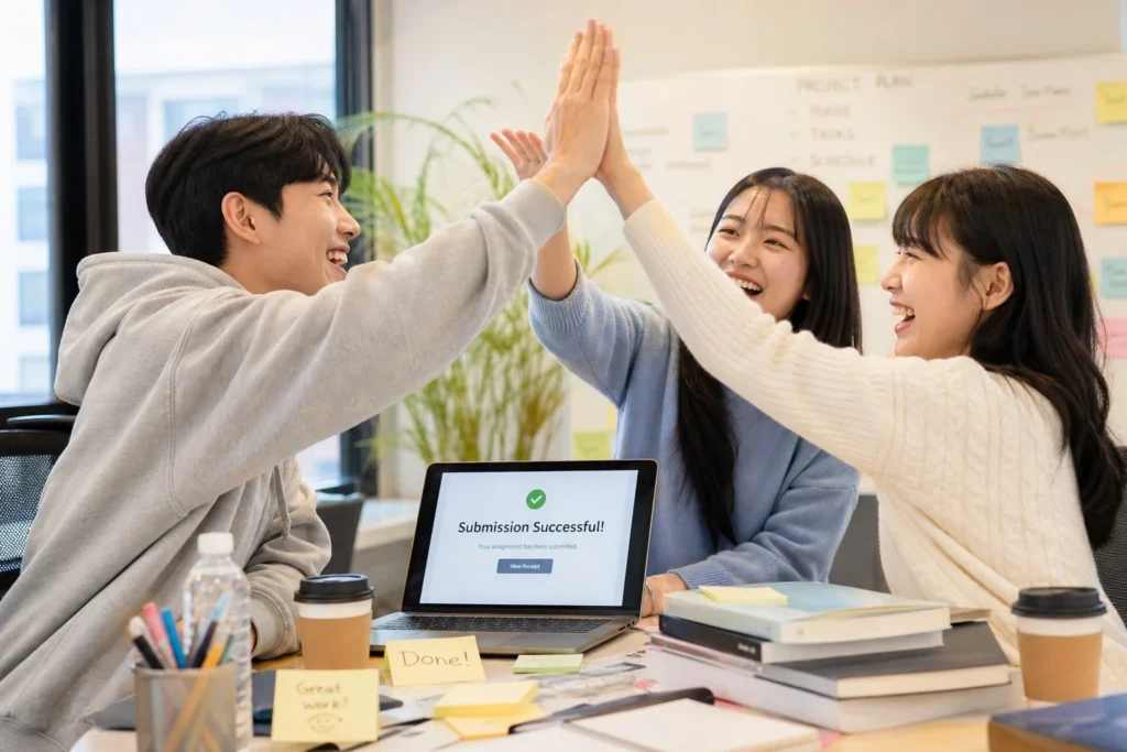여러 대학생이 팀 프로젝트를 성공적으로 마치고 기뻐하며 서로 하이파이브를 하고 있다.