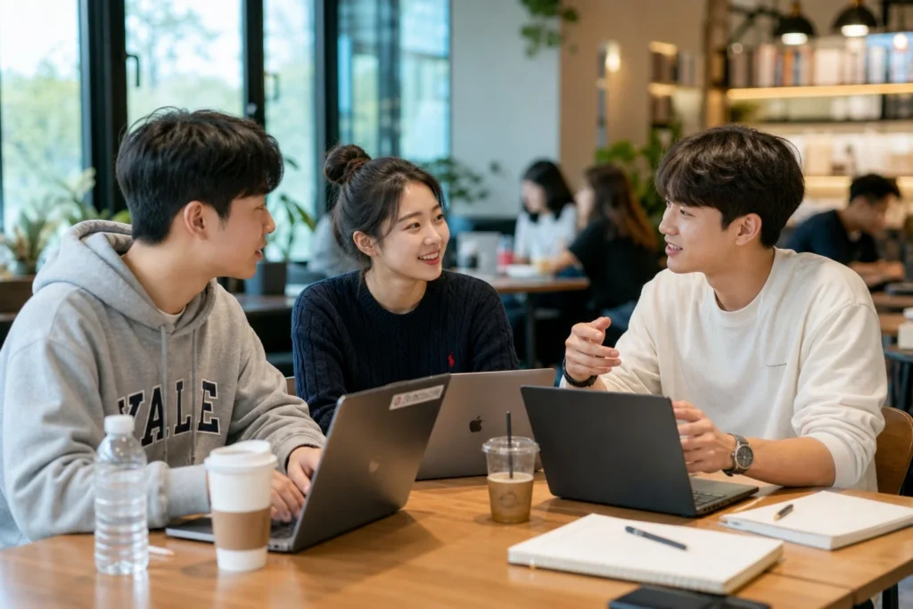 대학생 3명이 테이블에 각자 노트북을 앞에 두고 모여 팀 프로젝트에 대해 자연스럽게 대화하며 협업하고 있다.