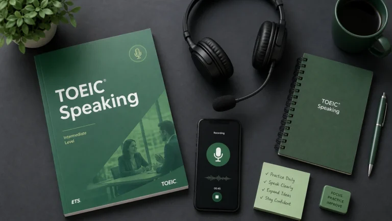 어두운 회색 책상 위에 TOEIC Speaking 교재, 마이크가 달린 검은색 헤드셋, 녹음 중인 스마트폰(마이크 아이콘과 음성 파형 표시), TOEIC Speaking 노트, 펜, Practice Daily·Speak Clearly·Expand Ideas·Stay Confident 메모가 적힌 녹색 포스트잇, 커피 컵, 화분이 플랫레이 구도로 배치됨. 녹색 테마의 미니멀하고 전문적인 말하기 시험 준비 분위기.