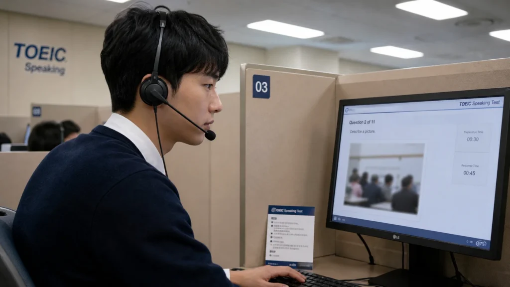 TOEIC Speaking 시험장의 개별 부스에서 헤드셋 마이크를 착용하고 컴퓨터 모니터(TOEIC Speaking 시험 화면)를 보며 시험을 치르는 한국 응시자.