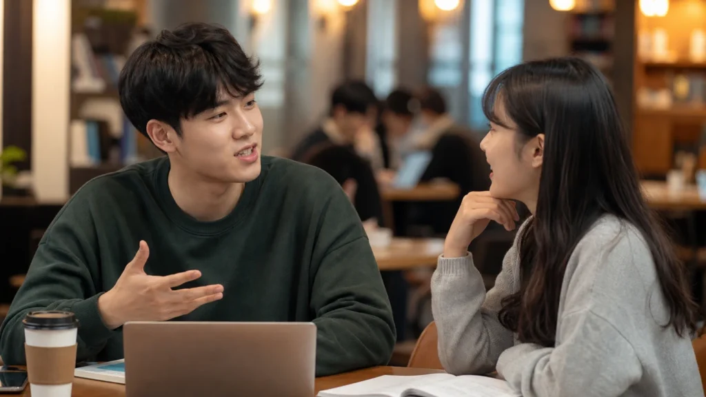 카페나 스터디 공간에서 마주 앉아 영어 말하기 연습을 하는 두 명의 한국 대학생.