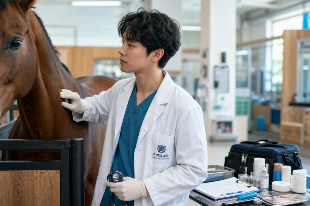 흰색 가운과 틸 스크럽을 입은 남학생 수의학과 학생이 말 진료 시설에서 말 옆에 서서 오른손으로 말의 목이나 어깨 부위를 부드럽게 진찰하고 왼손에는 청진기나 진료 도구를 들고 있는 모습. 배경은 밝은 마사 시설과 의료 장비 카트가 보이는 대동물 진료 환경.