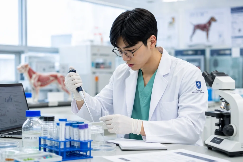 오른손에 피펫으로 페트리 디쉬/시험관 작업, 왼손으로 샘플 바이알/현미경 조정을 하며 수의학 실험을 하고 있는 수의학과 학생