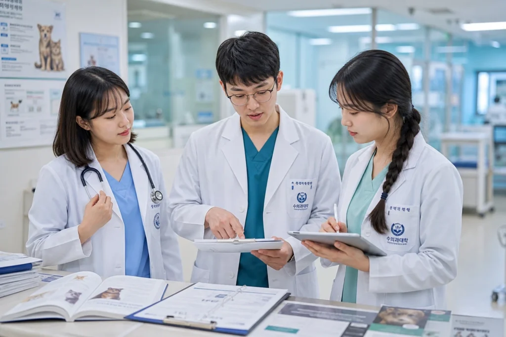 흰색 가운을 입은 세 명의 수의학과 학생들이 병원 복도에서 반원 대형으로 서서 의료 차트와 태블릿을 보며 임상 케이스를 논의하고 있는 모습. 중앙 남학생은 차트를 들고 설명 중이며, 좌우 여학생들은 청진기와 태블릿을 들고 경청 중. 밝은 동물병원 배경.
