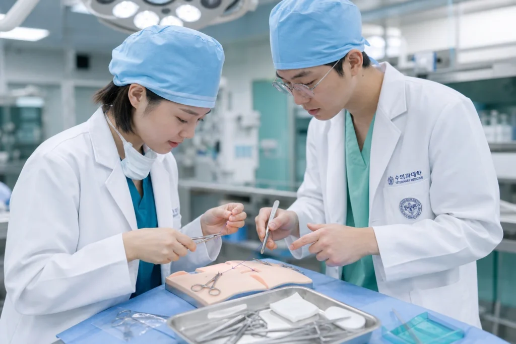 연한 블루 수술모와 흰색 가운을 입은 두 명의 수의학과 학생이 수술실에서 봉합 실습용 모형 위에서 수술 기구를 들고 집중하여 외과 술기를 연습하고 있는 모습. 앞쪽 트레이에 수술 도구들이 배치되어 있으며, 배경은 밝은 수술실 환경.