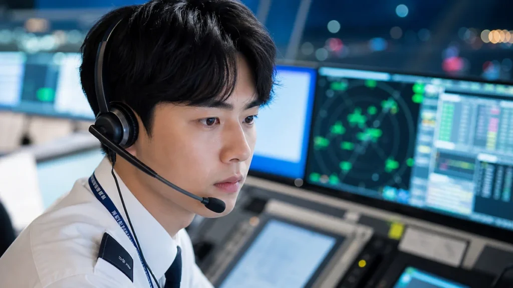 무선 교신 실습 중인 항공관제사 지망 학생