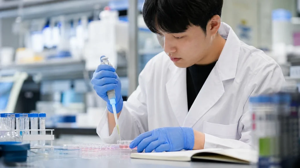 실험실에서 정밀 실험을 하는 학사 연구원