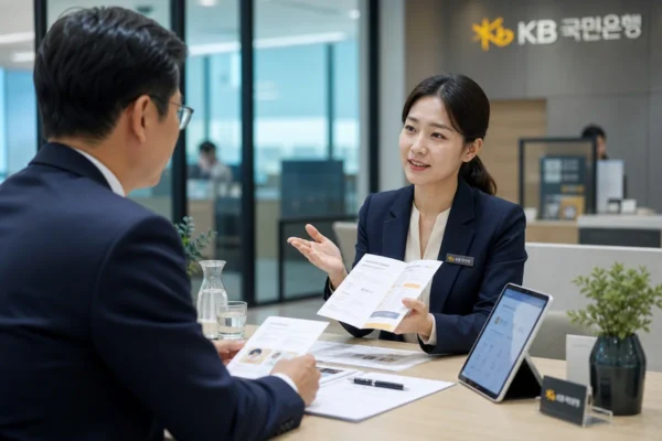 은행 창구에서 외환 환전 서비스를 안내하는 은행원