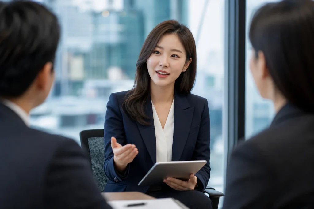 팀원들과 협업하는 은행 자산관리 전문가