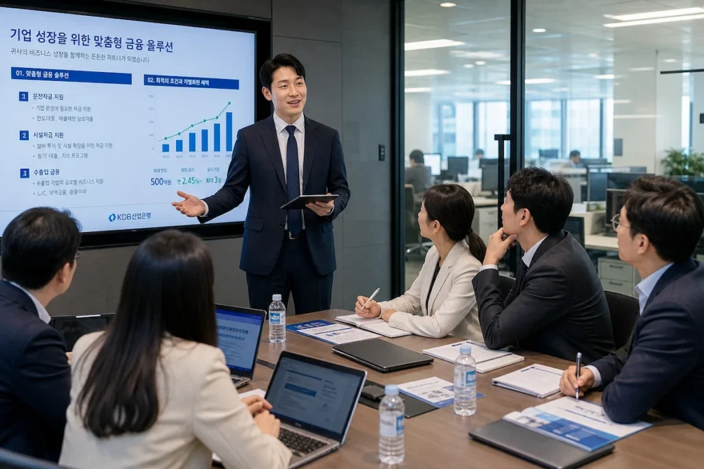 고객사 회의실 대형 화면 앞에서 PT하는 은행 직원과 경청하는 기업 임직원들