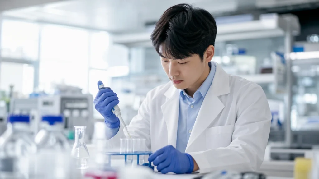실험실에서 피펫팅 실험 기구를 다루는 생명공학 전공 연구원