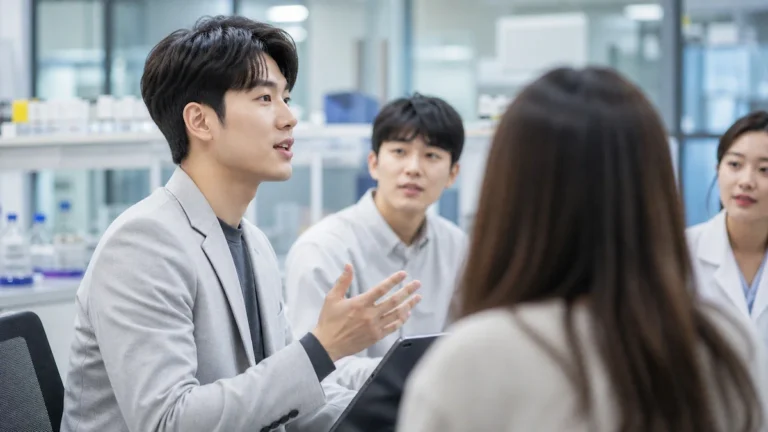 팀 미팅 중인 바이오 회사 직원들