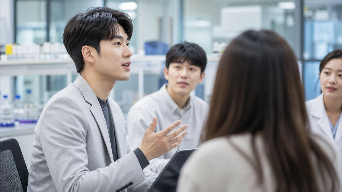 팀 미팅 중인 바이오 회사 직원들