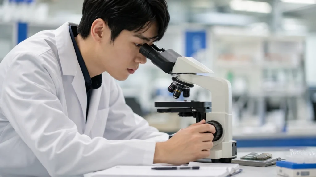 현미경으로 샘플을 검사하는 QC 전문가