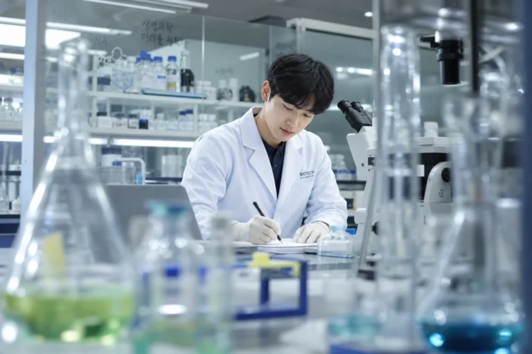 실험 장비 사이에서 작업하는 생명공학과 학생