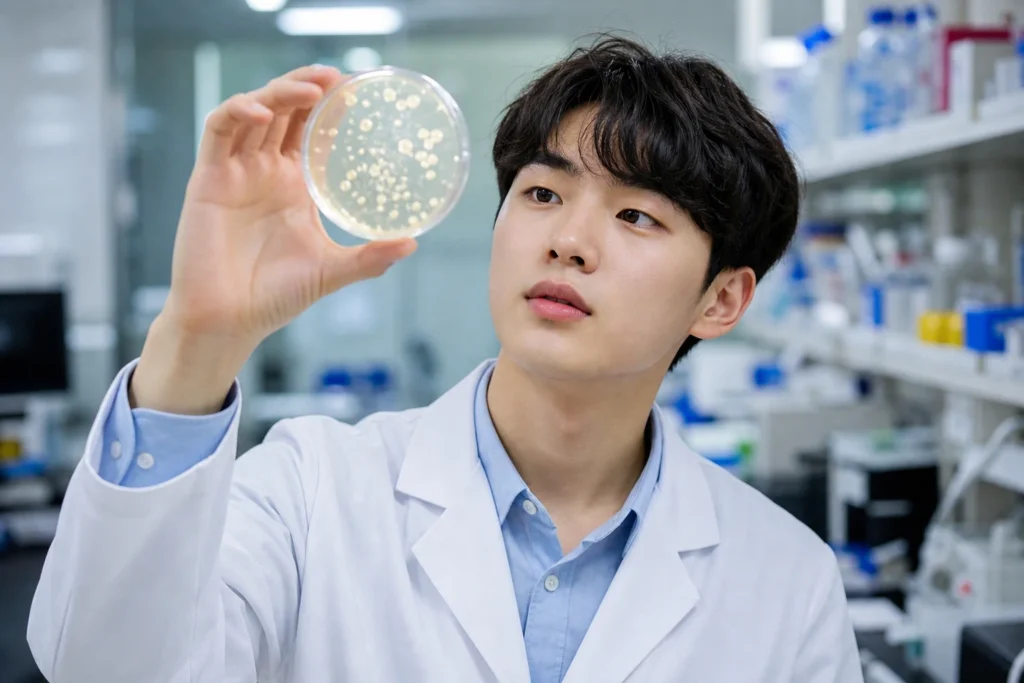 페트리 디쉬를 들고 관찰하는 생명공학과 학생