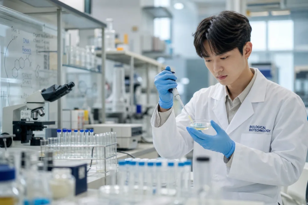 실험실에서 연구하는 생명공학과 학생