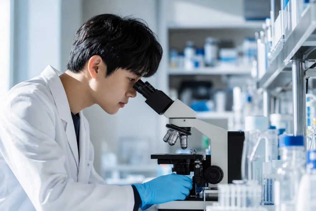 현미경으로 연구하는 생명공학과 학생