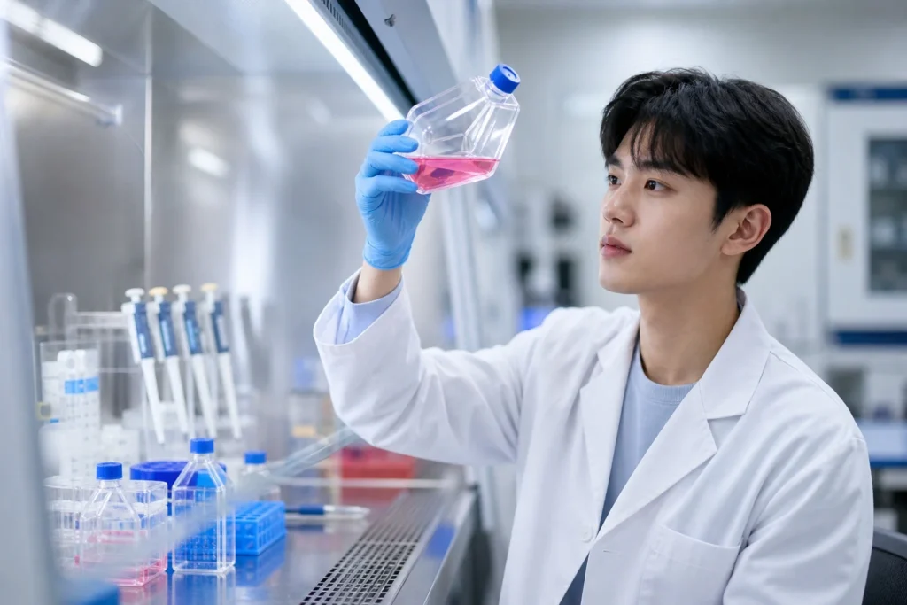 세포배양 플라스크를 관찰하는 생명공학과 학생