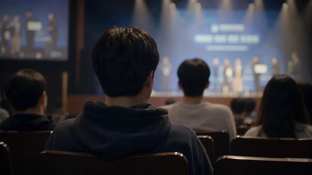 공모전에 참가해 수상하지는  못했지만 축하하는 마음으로 시상식을 바라보고 있는 학생