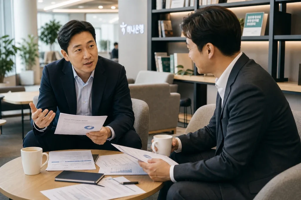 신용 평가 보고서로 협의 중인 은행 동료들