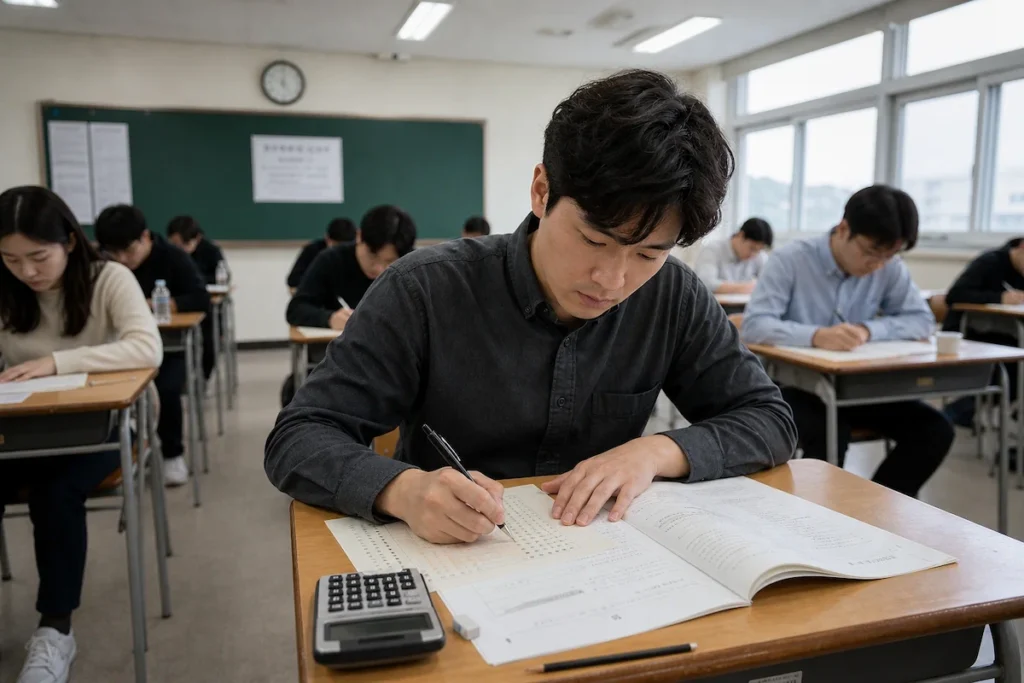 외환전문역 시험 OMR 카드를 작성하는 수험생
