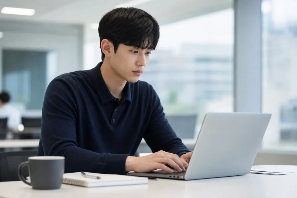 기업 교육실에서 노트북 앞에 앉아 부트캠프 과제를 수행하는 학생