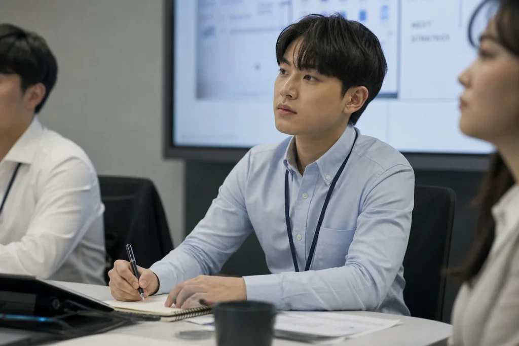 팀 회의에 집중하는 SQLD 자격 신입사원