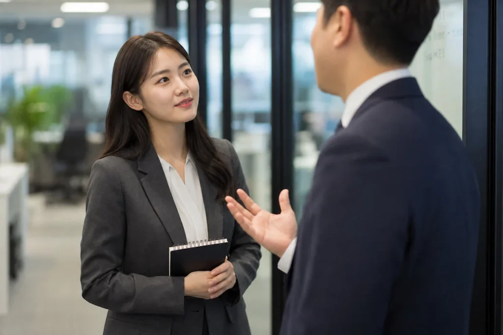 선배 직원의 조언을 경청하는 금융권 신입사원
