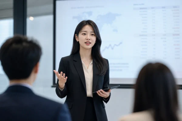 세미나룸 앞에서 금융 차트를 배경으로 프레젠테이션하는 금융권 취업 준비 학생