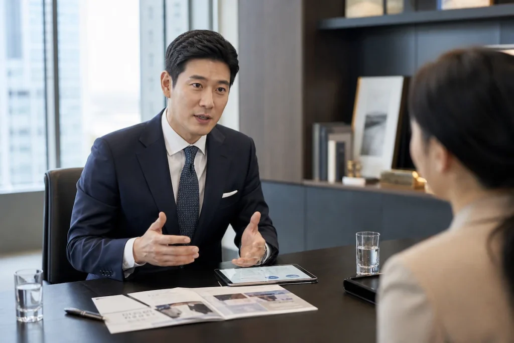 고객에게 재무 설계를 하는 금융 어드바이저 