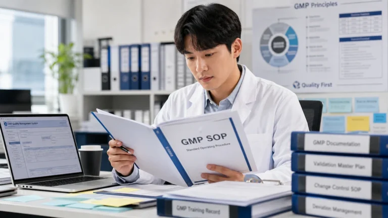 GMP 표준서를 검토하는 품질 담당자