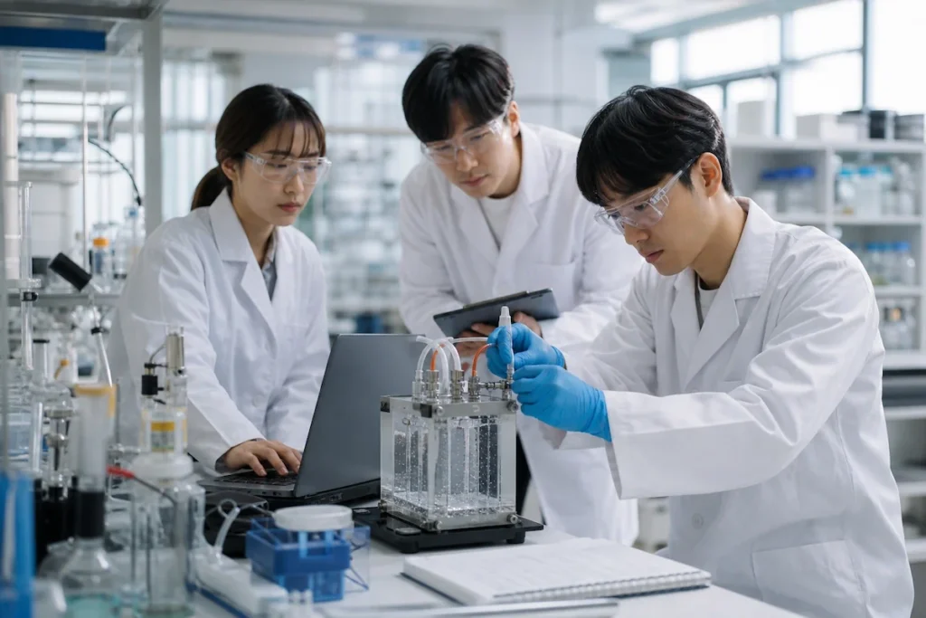 화학 연구실에서 물 전기분해 수소 생산 장치를 조정하며 연구하는 클린테크 스타트업 연구원들