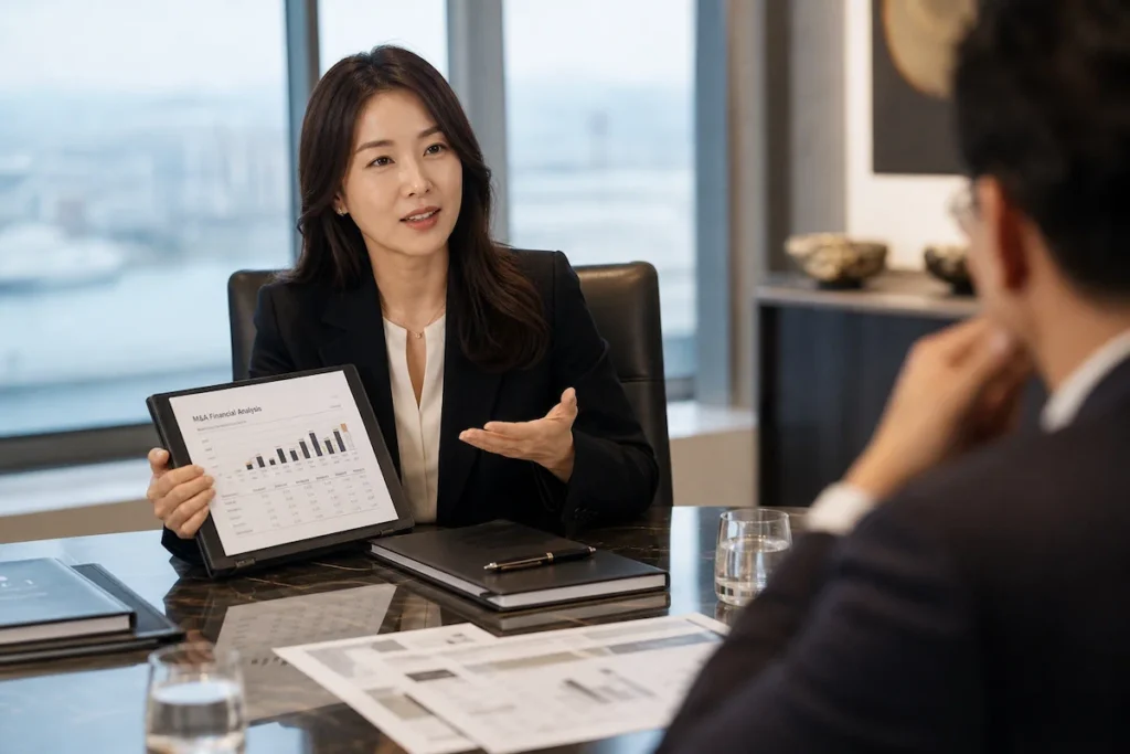 대기업 임원에게 딜 구조를 설명하는 IB 전문가