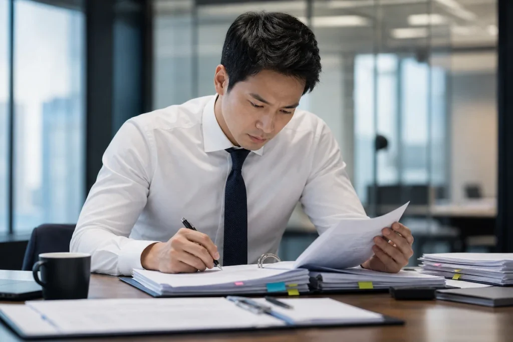 재무 보고서를 정밀하게 검토하는 IB 전문가