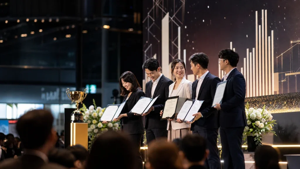 정부지원 창업 경진대회 수상자들이 자랑스럽게 서 있는 시상식